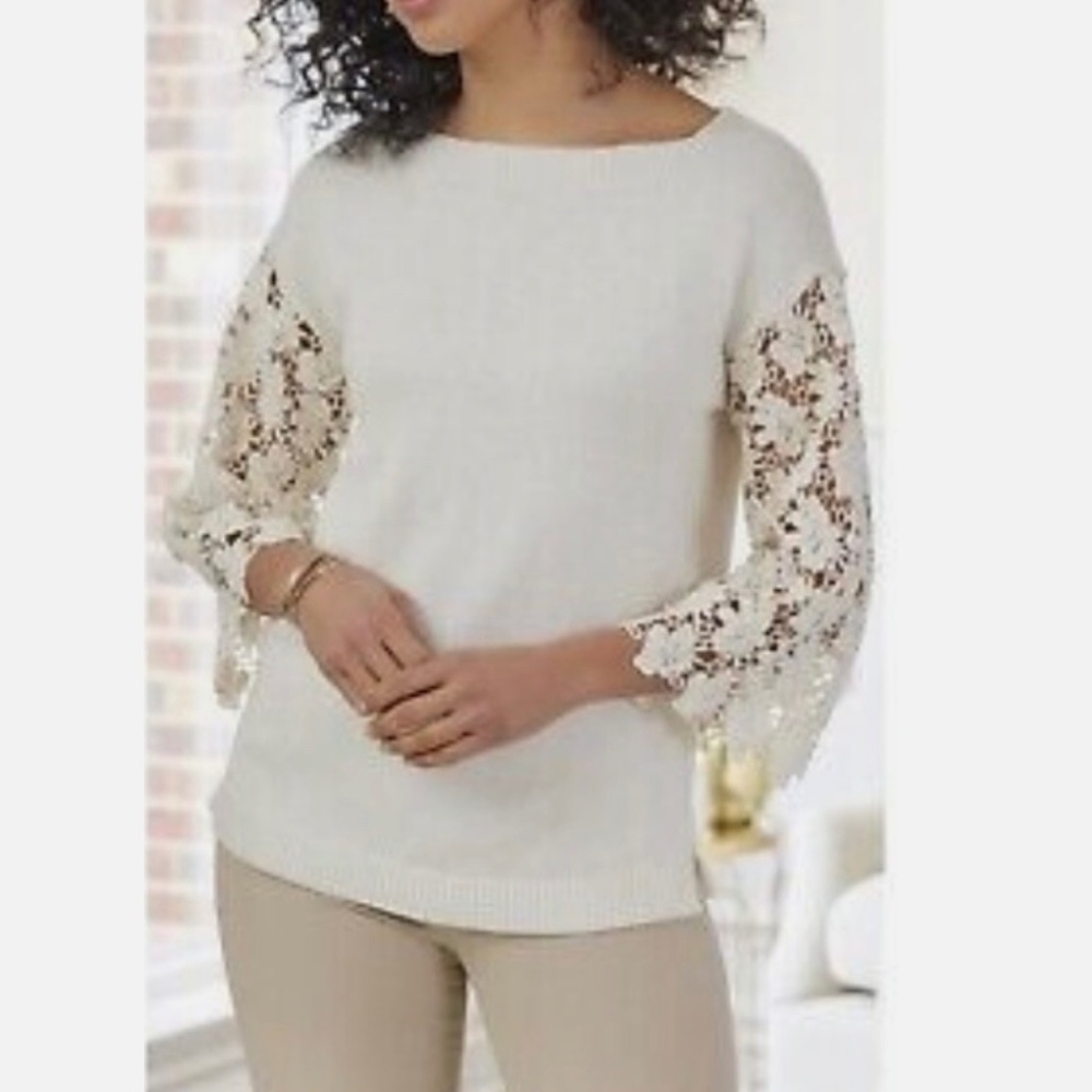 Soft Surroundings Desiree Floral Eyelet Crochet Lace Pullover Sweater Size XS
